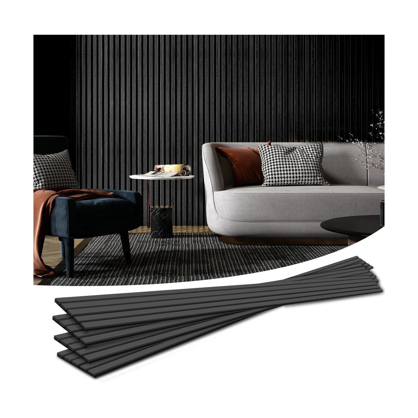 4-Piece Wood Slat Acoustic Panels for Stylish Decor / 94.5 * 7.9 Inch / Matte Black / Set of 4