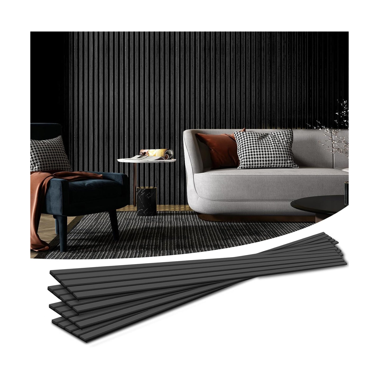 4-Piece Wood Slat Acoustic Panels for Stylish Decor / 94.5 * 7.9 Inch / Matte Black / Set of 4