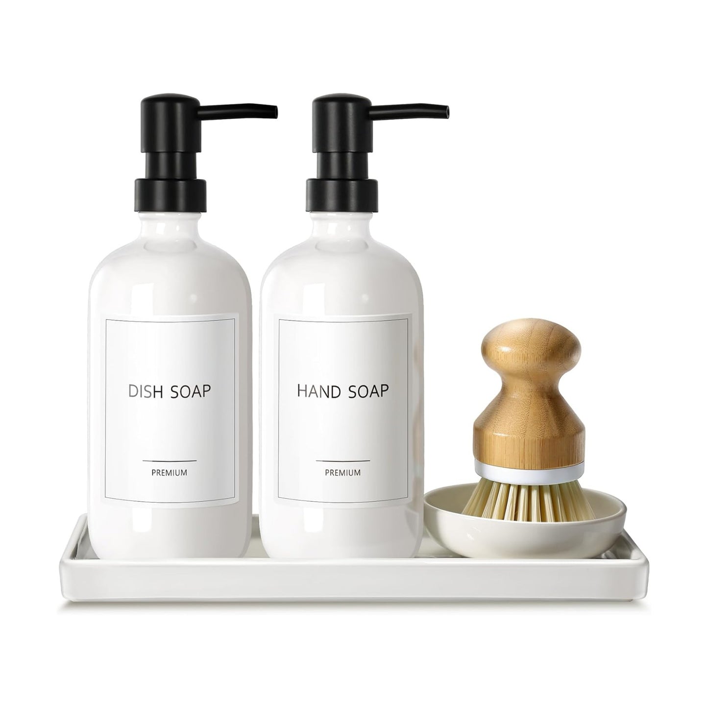 GMISUN Kitchen Soap Dispenser Set, 16 Oz Hand and Dish Soap Dispenser with Ceramic Tray & Bamboo Dish Brush, 2 Pack
