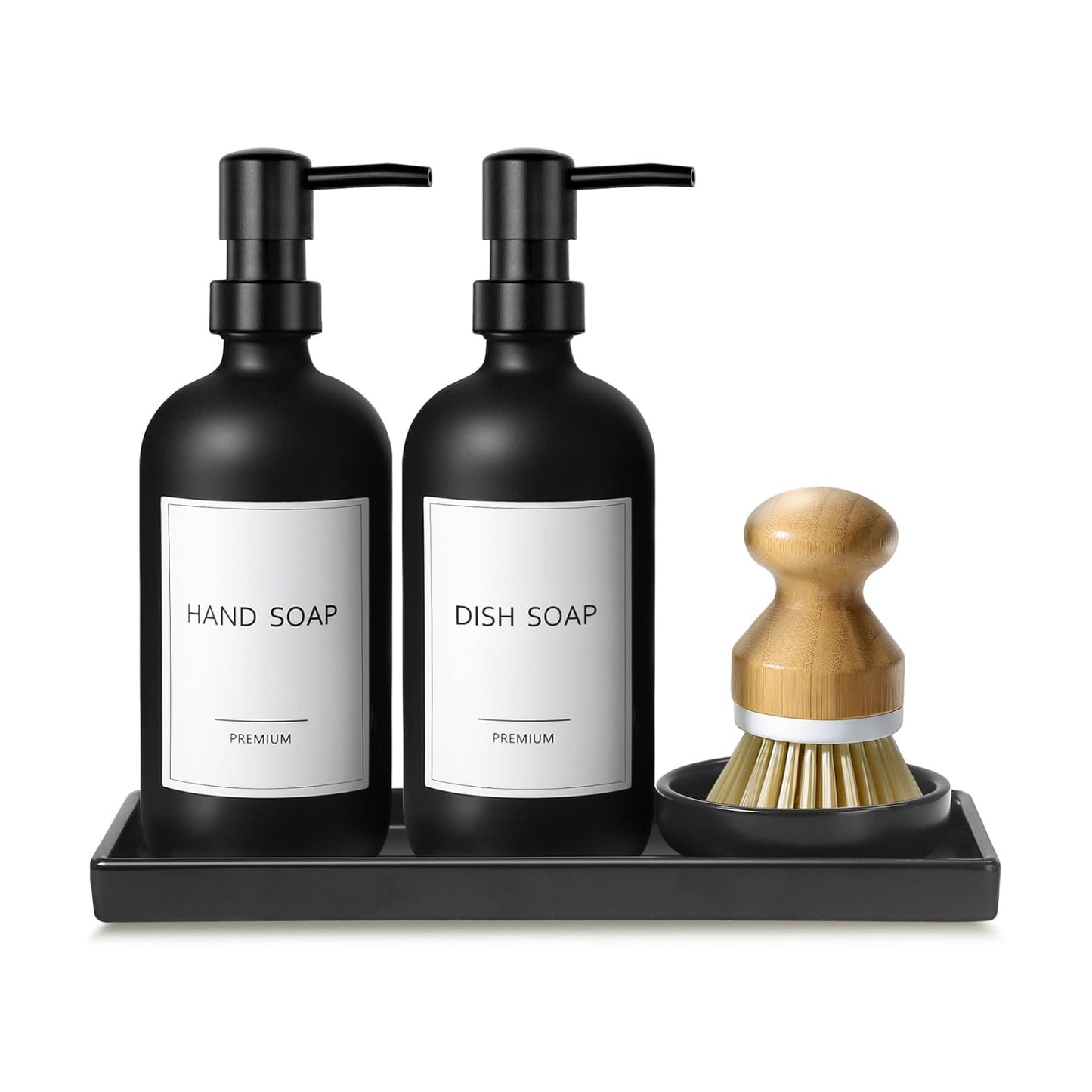 GMISUN Kitchen Soap Dispenser Set, 17 fl oz Dish Soap Dispenser with Ceramic Tray & Bamboo Brush for Kitchen, 2Pcs