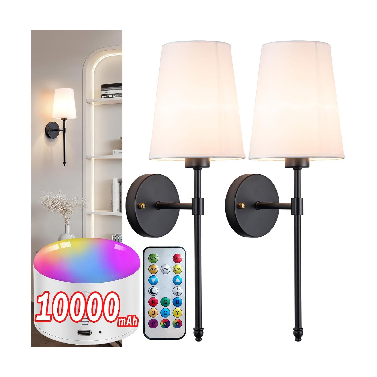 YHCDLAMP Battery Operated Wall Sconce Light with Remote Control, Dimmable Wall Sconce Set of 2 with White Fabric Shade