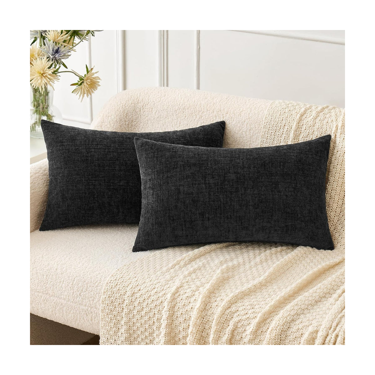 MIULEE Soft Chenille Lumbar Throw Pillow Covers Black 12x20 Inch Pack of 2