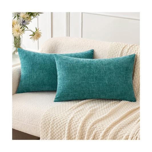 MIULEE Soft Chenille Lumbar Throw Pillow Covers Teal 12x20 Inch Pack of 2