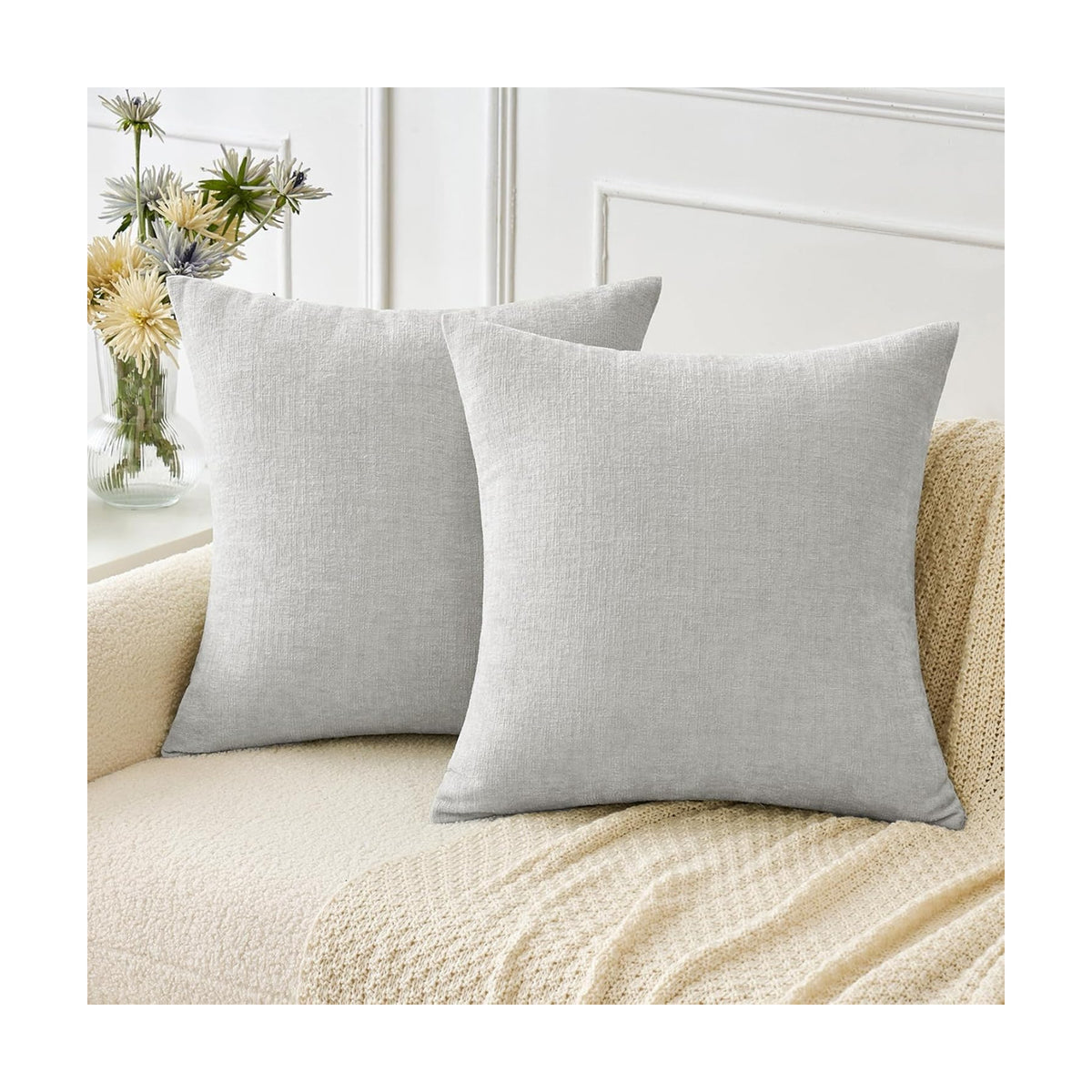 MIULEE Soft Chenille Throw Pillow Covers Light Gray 18x18 Inch Pack of 2