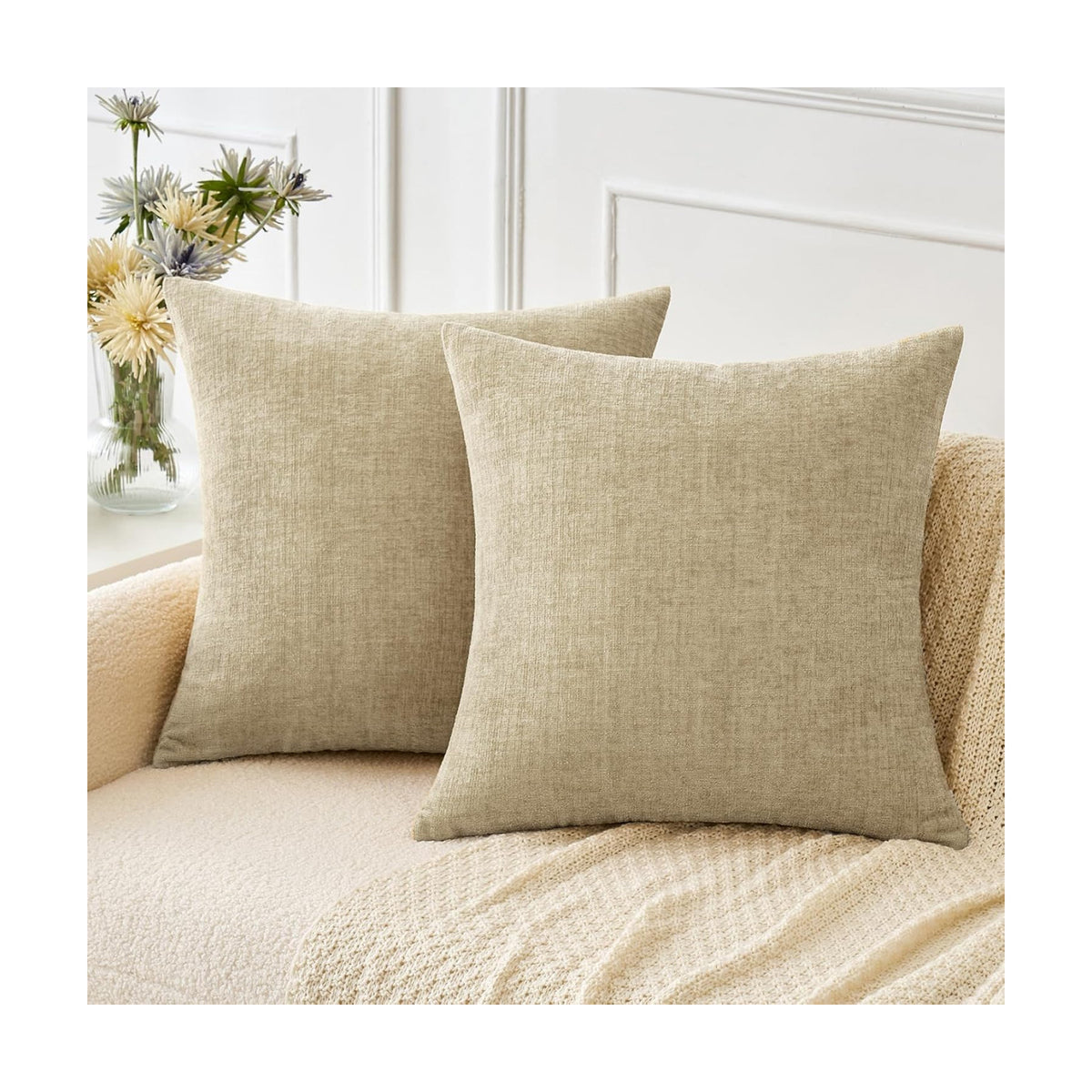 MIULEE Soft Chenille Throw Pillow Covers Beige 16x16 Inch Pack of 2