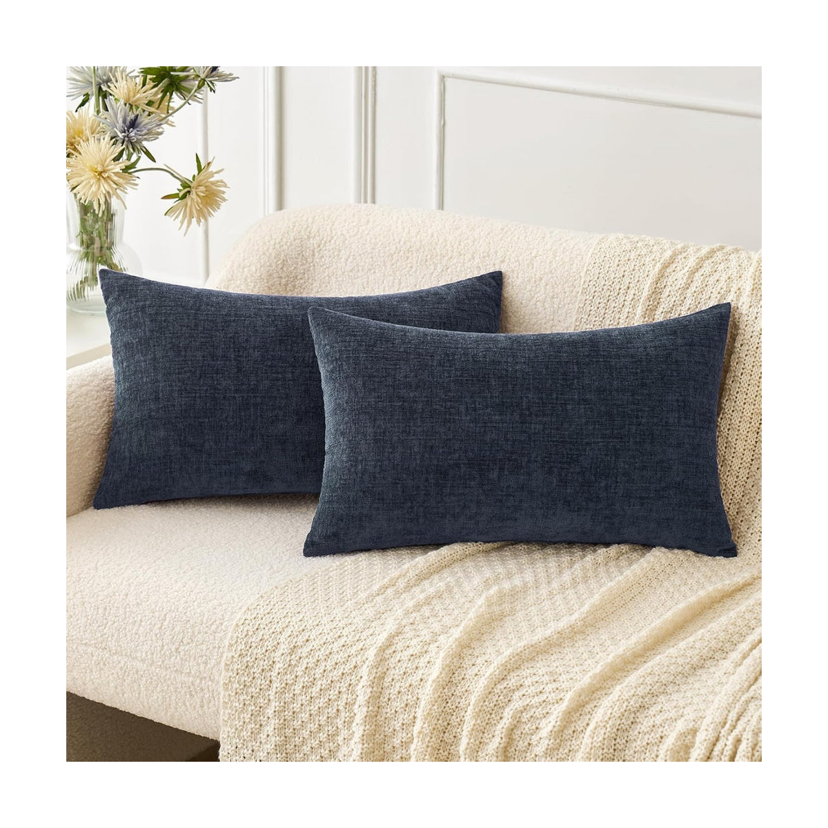 MIULEE Soft Chenille Lumbar Throw Pillow Covers Dark Navy 12x20 Pack of 2