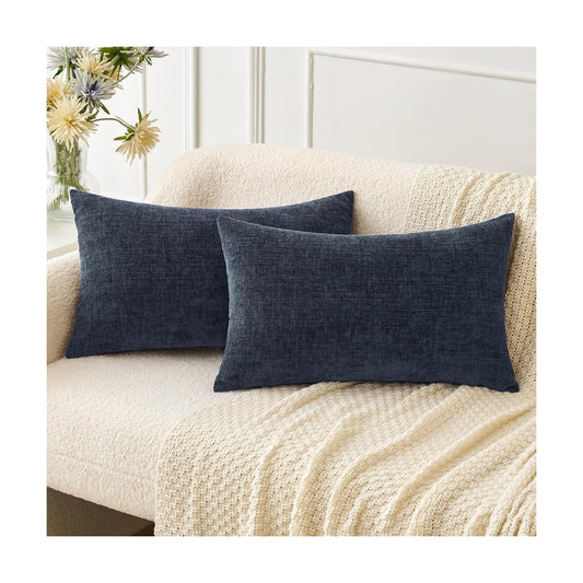 MIULEE Soft Chenille Lumbar Throw Pillow Covers Dark Navy 12x20 Pack of 2