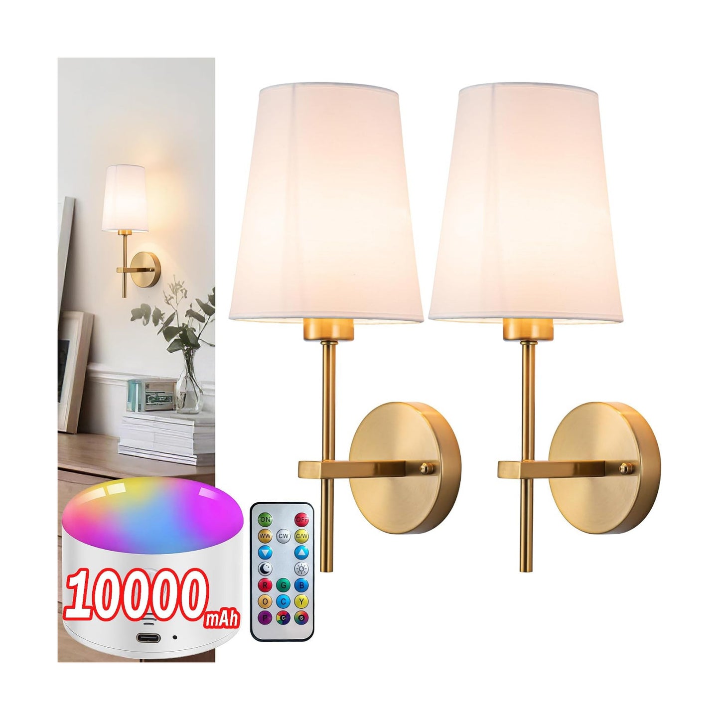 Battery Operated Wall Sconce Set of 2, Wireless Dimmable Battery Powered Wall Lamp with Remote Control,battery Wall