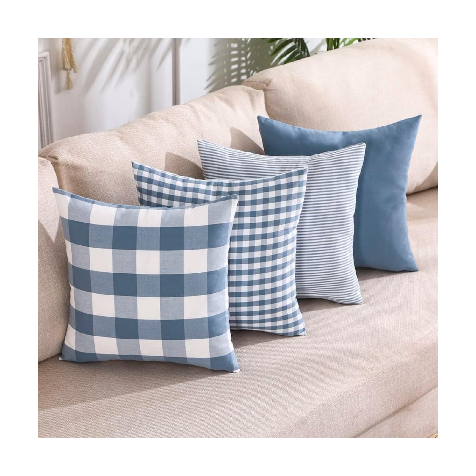 Light Blue Pillow Covers Farmhouse Plaid Throw Pillows Spring / Grey Blue / 18 x 18 / Set of 4
