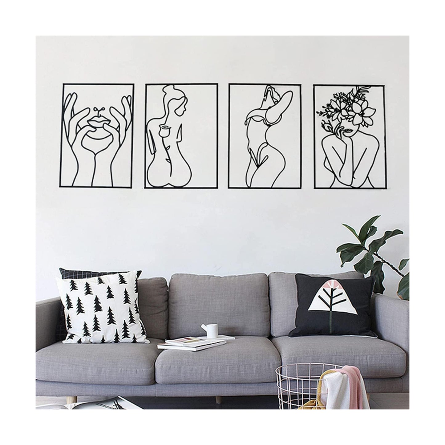 Glamativity Large 4 Pack Black Wall Art, Minimalist Single Line Art, Real Metal Wall Art, Woman's Body Shape Abstract