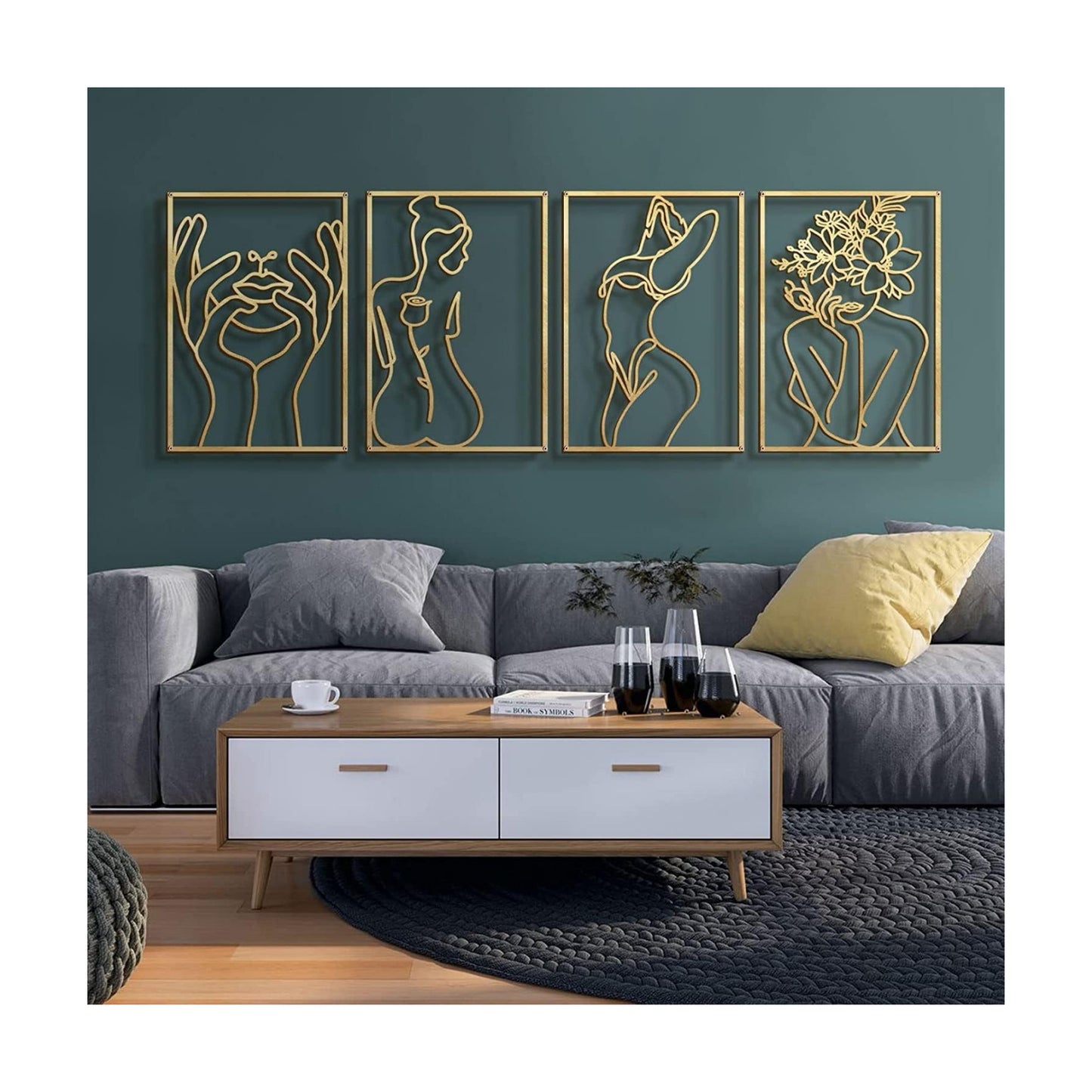 Glamativity Large 4 Pack Gold Wall Art Décor, Minimalist Décor Single Line Art Wall Décor, Real Metal Wall Art, Woman's