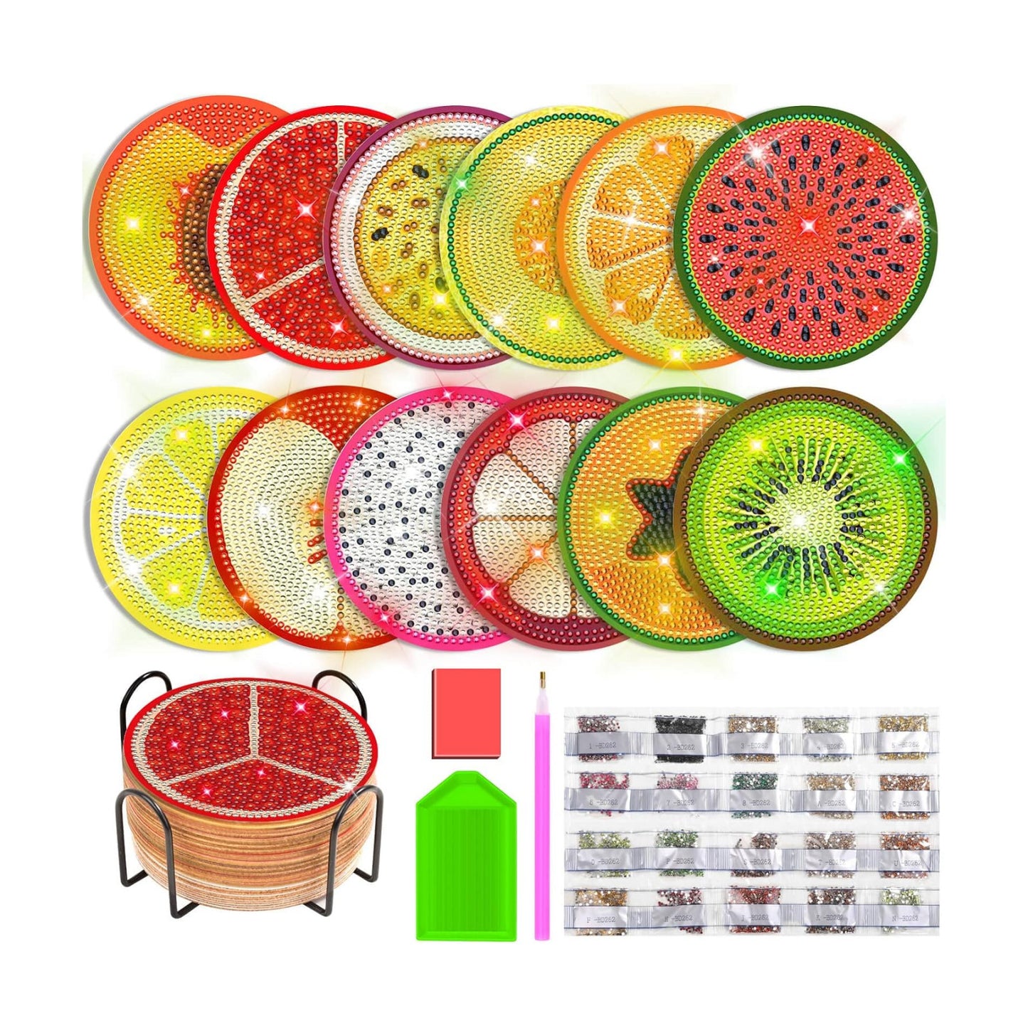 Holder / Diamond Art Coasters / Fruit / Set of 12