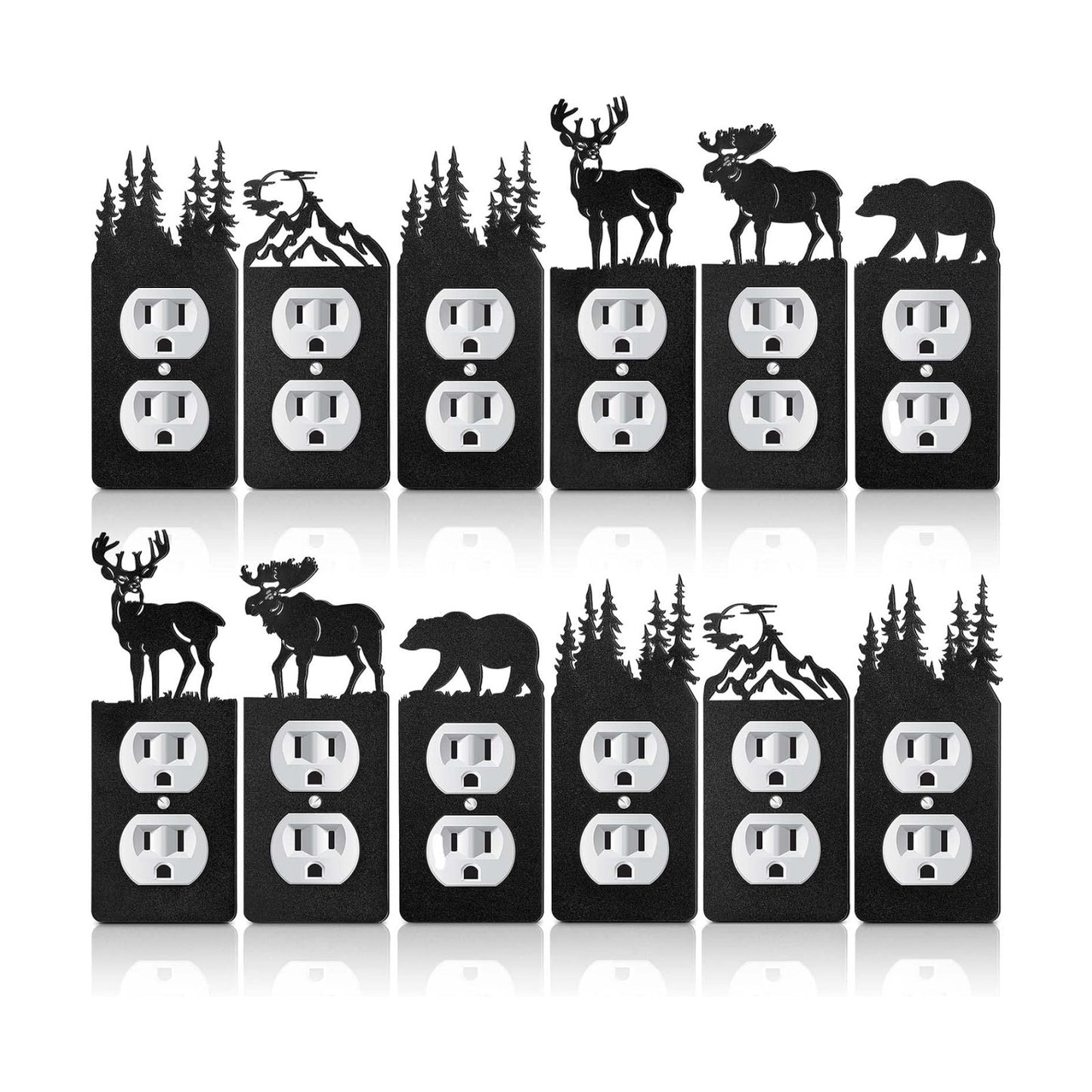 Kingdder 12 Pcs Metal Bear Light Switch Cover Moose Tree Mountain Elk Black Light Switch Plate Forest Outlet Toggle