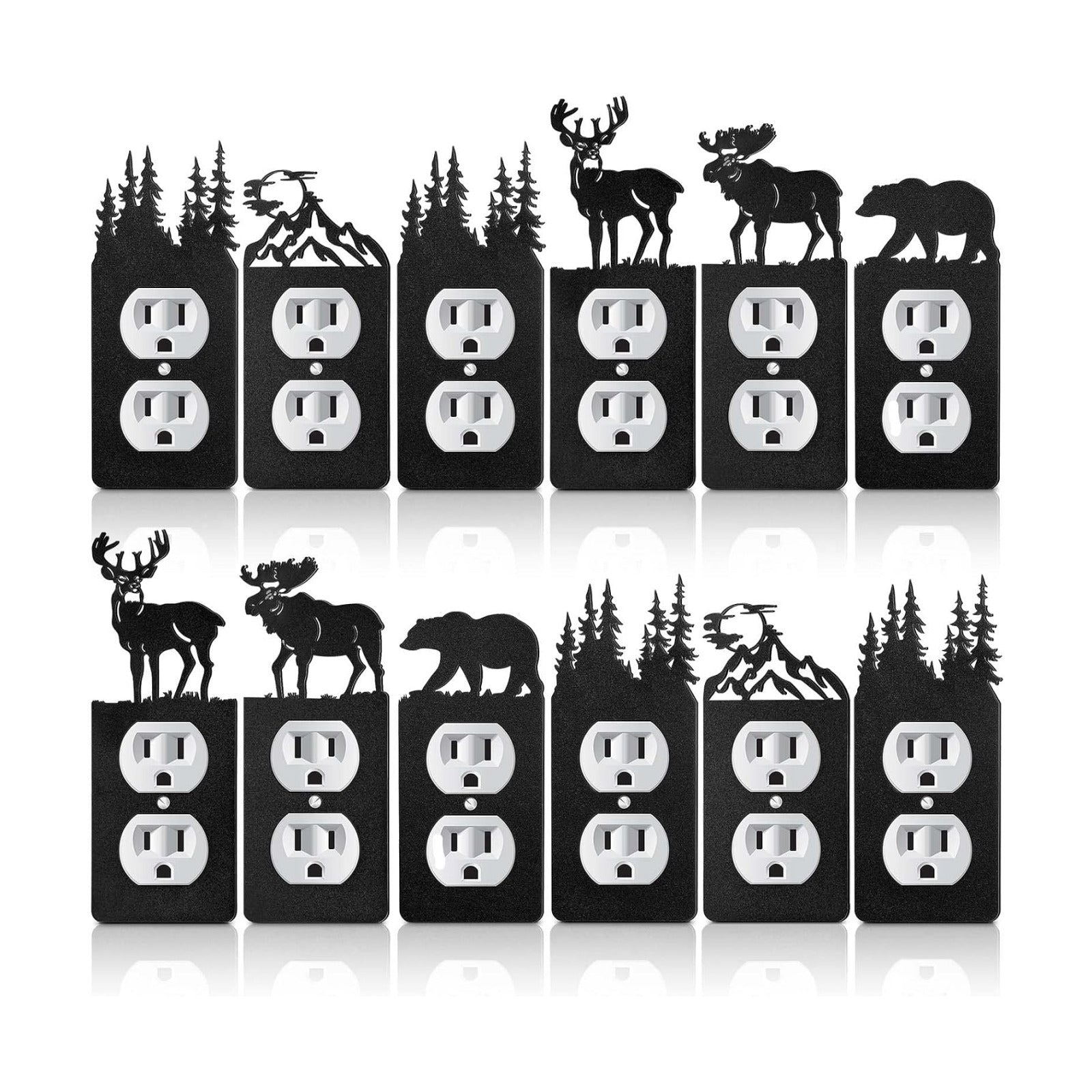 Kingdder 12 Pcs Metal Bear Light Switch Cover Moose Tree Mountain Elk Black Light Switch Plate Forest Outlet Toggle