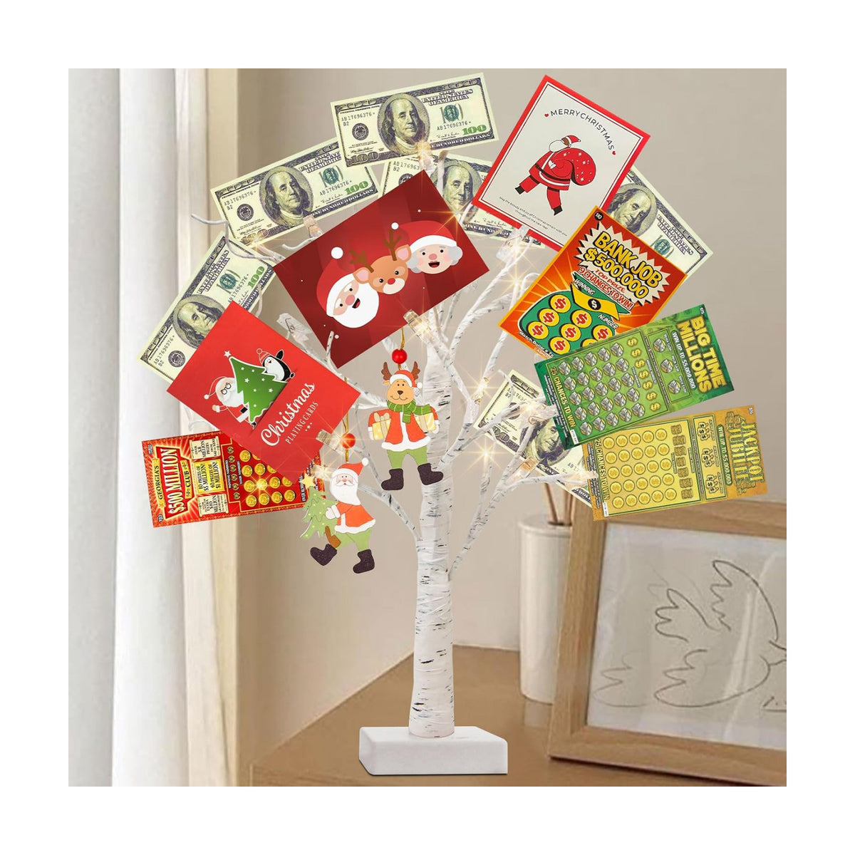 PEIDUO Money Tree, 22 Inch Gift Card Tree Holder with 6 Clips and 6 Greeting Cards, 24 Warm White Birch Tree with Lights, Christmas Tree Card Holder for Birthday Wedding Indoor Xmas Decorations
