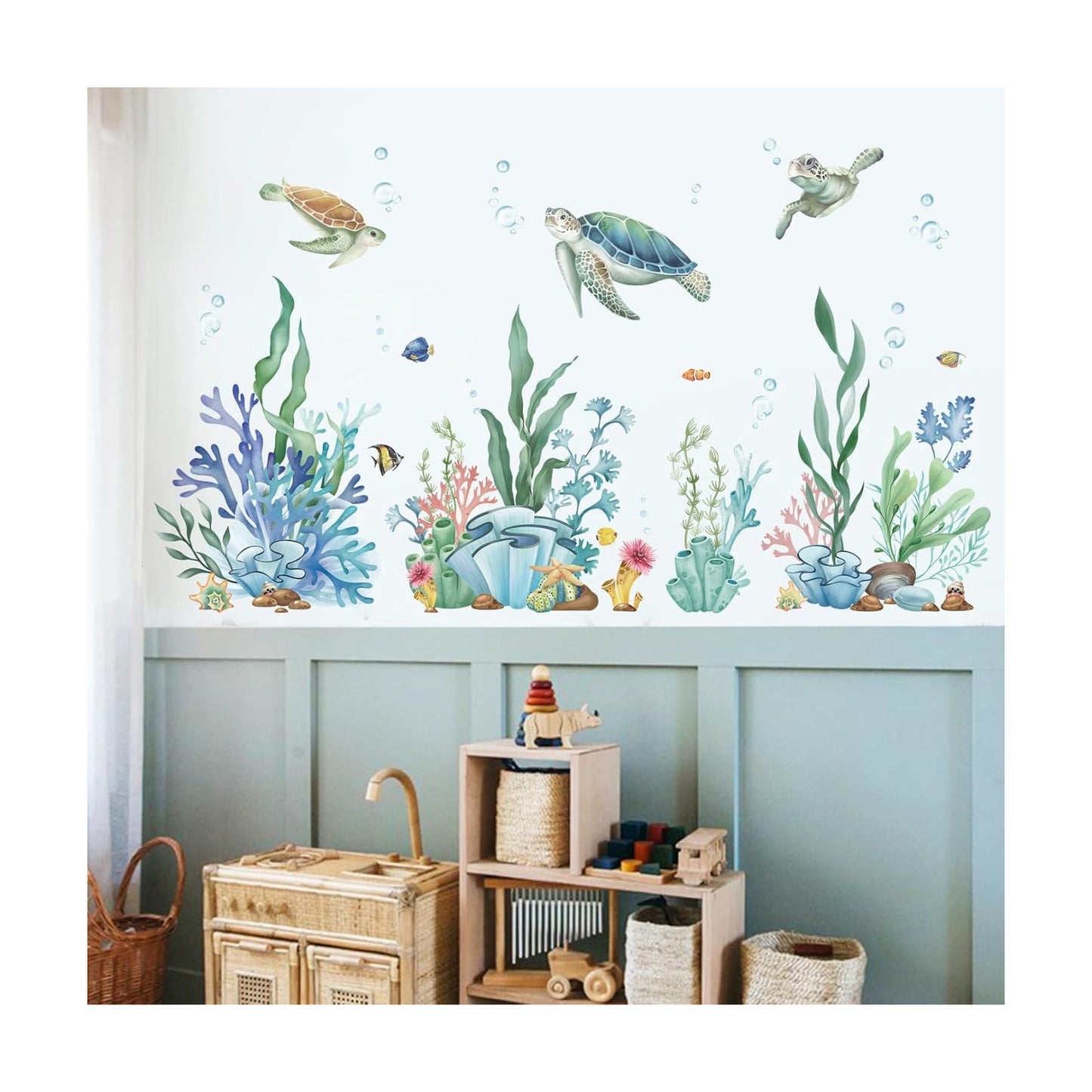 Ocean Seaweed Grass Wall Stickers Turtle Under The Sea Peel and Stick Wall Art Decals for Baby