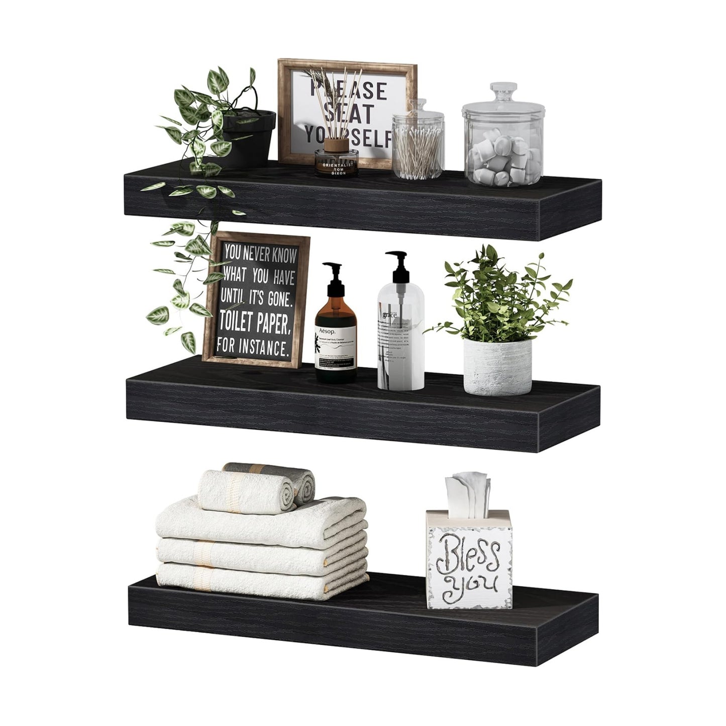 QEEIG Floating Shelves for Wall Small Shelf (Black, Set of 3, 15.7" x 6.7")