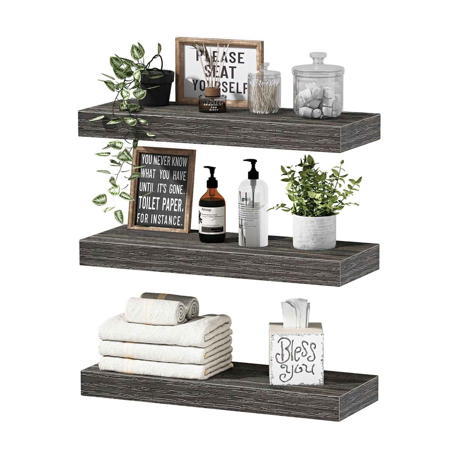 QEEIG Floating Shelves for Wall Small Shelf (Grey, Set of 3, 15.7" x 6.7")