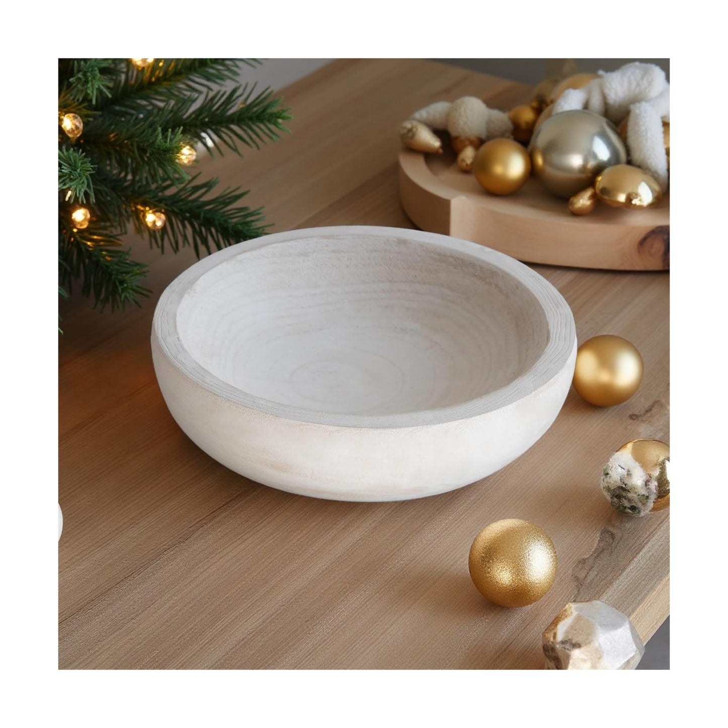 Paulownia Wood Hand Carved Tray / Washed White