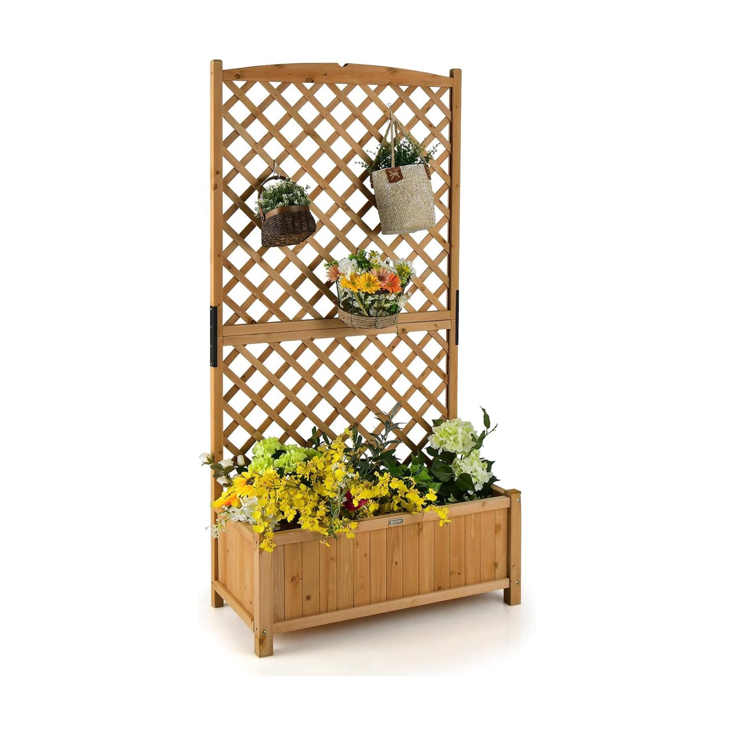 GIANTEX Planter Raised Bed with Trellis, 71" Wooden Garden Bed, High Trellis for Vine Plant Flower Climbing Pot