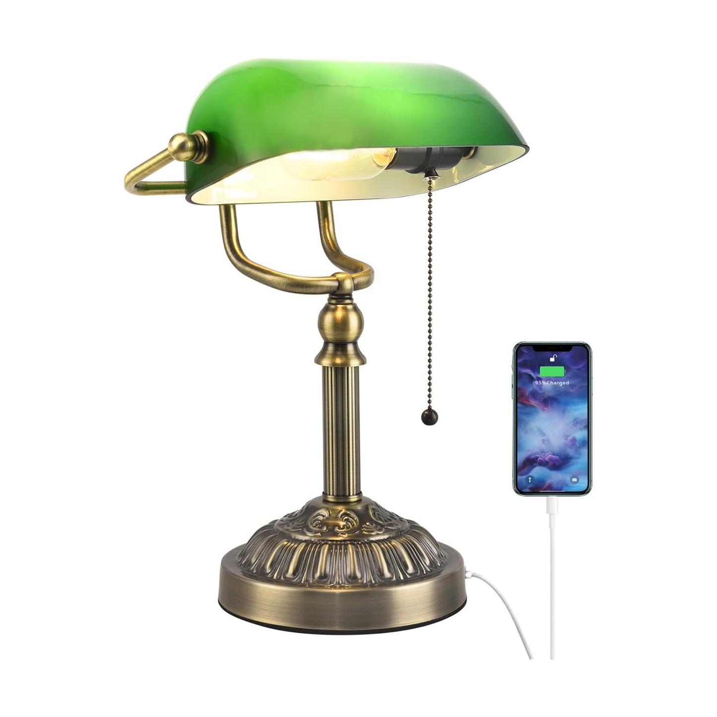 Bankers Desk Lamp with USB-A Charging Port, Vintage Desk Lamps with Pull Chain Green Glass, Antique Brass Banker's Lamp