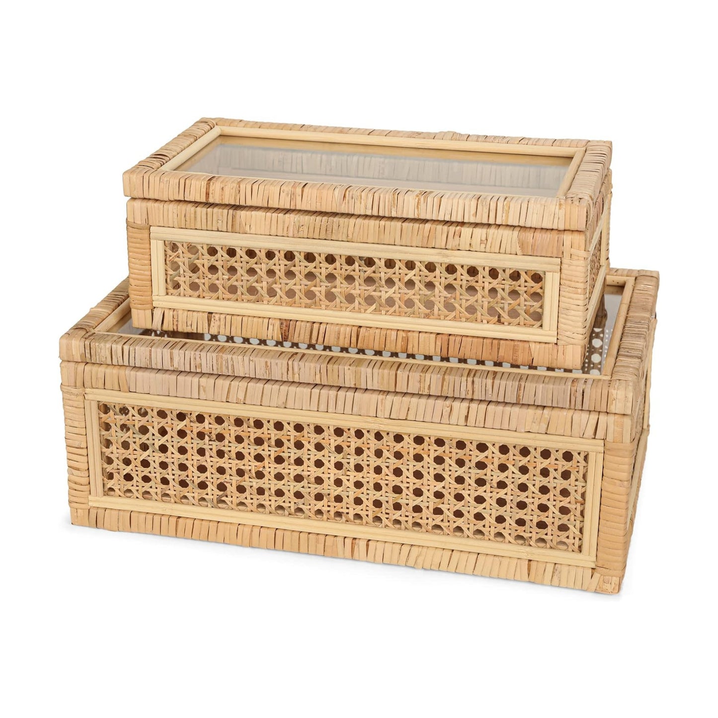 Large Handwoven Boho Rattan Display Boxes / Natural / Set of 2