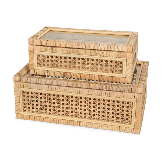 Large Handwoven Boho Rattan Display Boxes / Natural / Set of 2