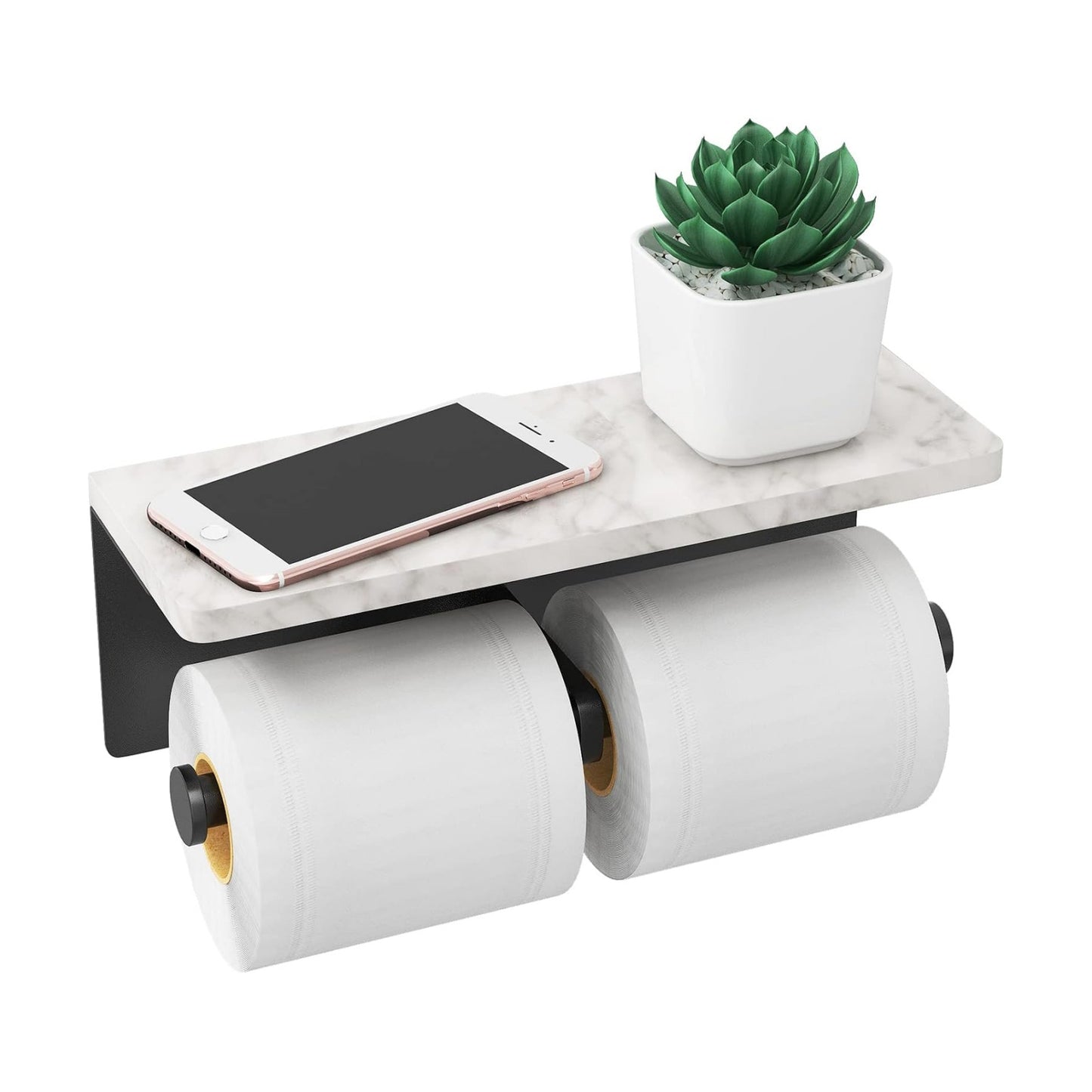 Gypie Toilet Paper Holder with Marble Shelf, Wall Mount, Double Black | Stainless Steel Tissue Roll Paper Holder