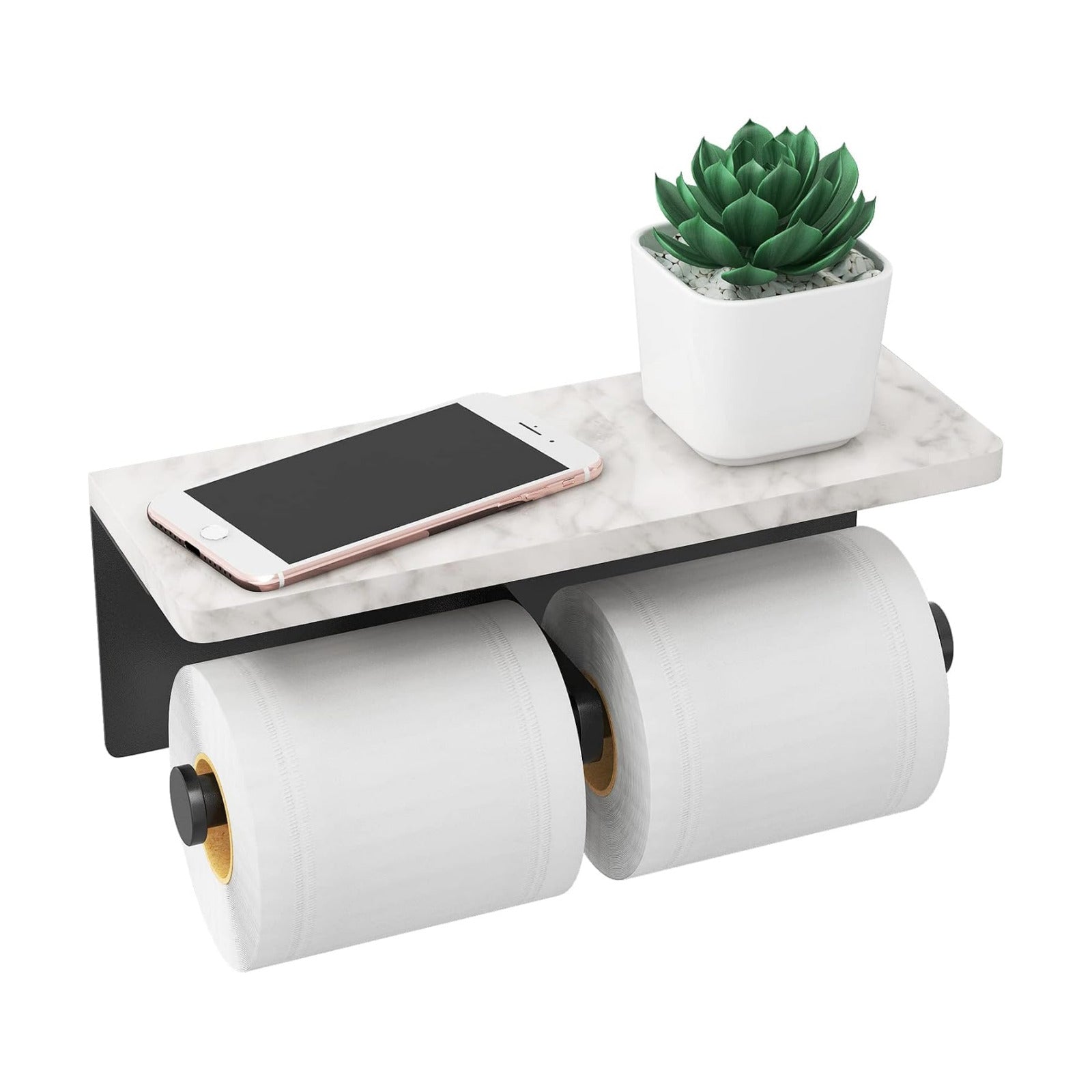 Gypie Toilet Paper Holder with Marble Shelf, Wall Mount, Double Black | Stainless Steel Tissue Roll Paper Holder