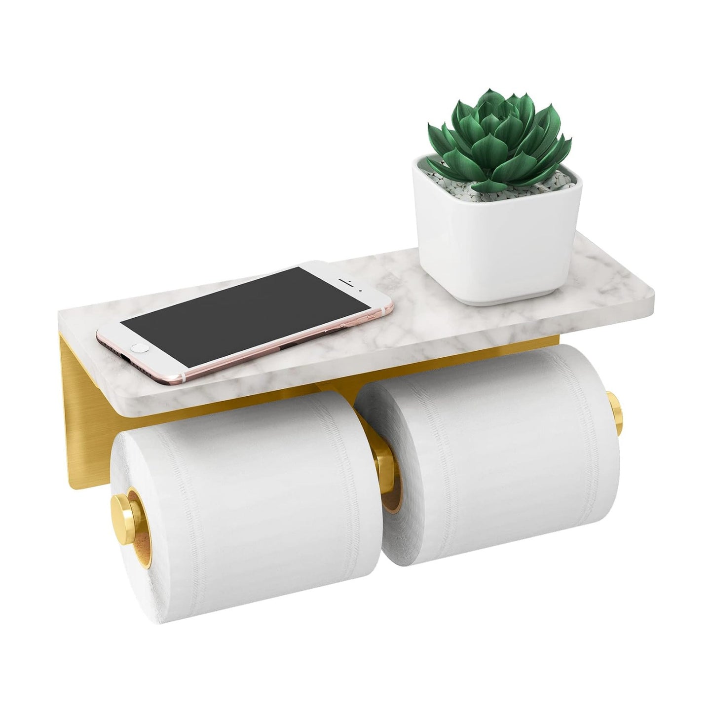 Gypie Brushed Gold Toilet Paper Holder with Marble Shelf, Double Rolls | Toilet Paper Holder with Storage, Toilet Paper