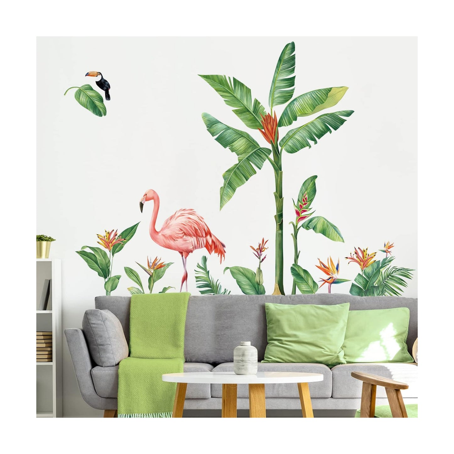 Tropical Leaves Wall Decals Flamingo Plants Wall Stickers Living Room Bedroom Sofa TV / B / Green