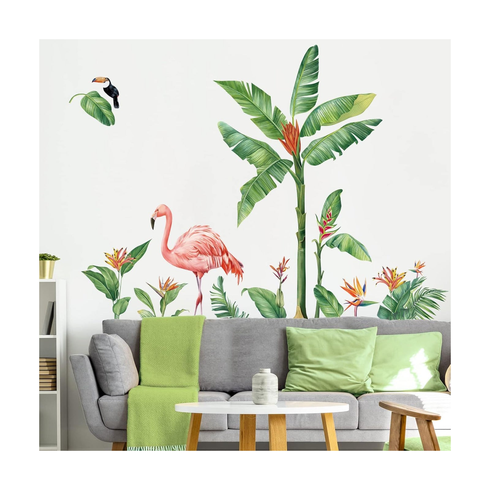 Tropical Leaves Wall Decals Flamingo Plants Wall Stickers Living Room Bedroom Sofa TV / B / Green