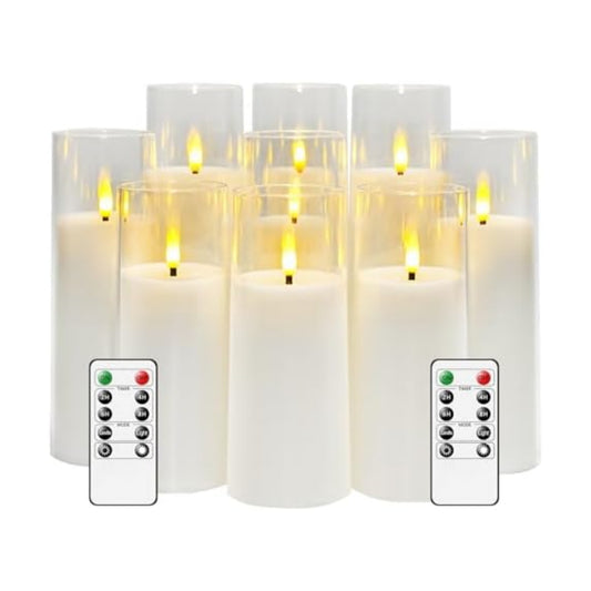 kakoya Flickering Flameless Candles Battery Operated with Remote and 2/4/6/8 H Timer Acrylic Led Pillar Candles Pack of 9 (appr D2.3"xH5.5"6.5"7.5")with Realistic 3D Wick Candles for Home Decor(White)