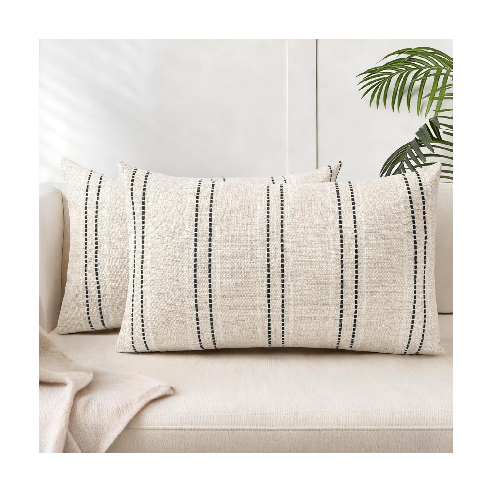 Boho Textured Pillow Case / Beige with White & Black / 20 x 12 / Set of 2
