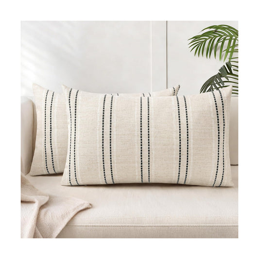 Boho Textured Pillow Case / Beige with White & Black / 20 x 12 / Set of 2