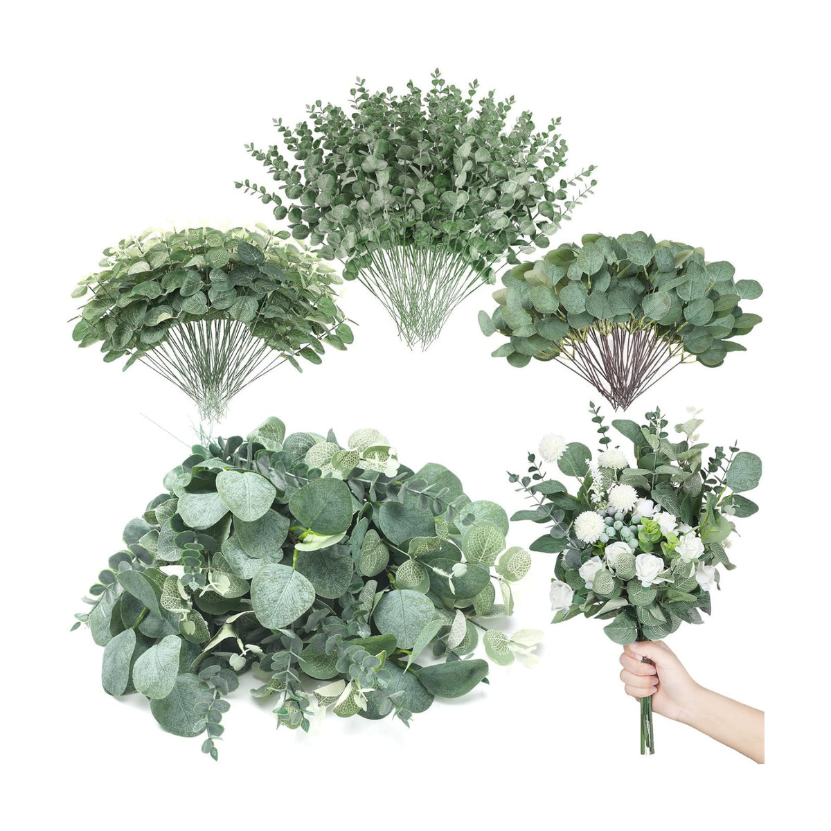 Giegxin 270 Pcs Mixed Artificial Eucalyptus Leaves Stems Bulk Green
