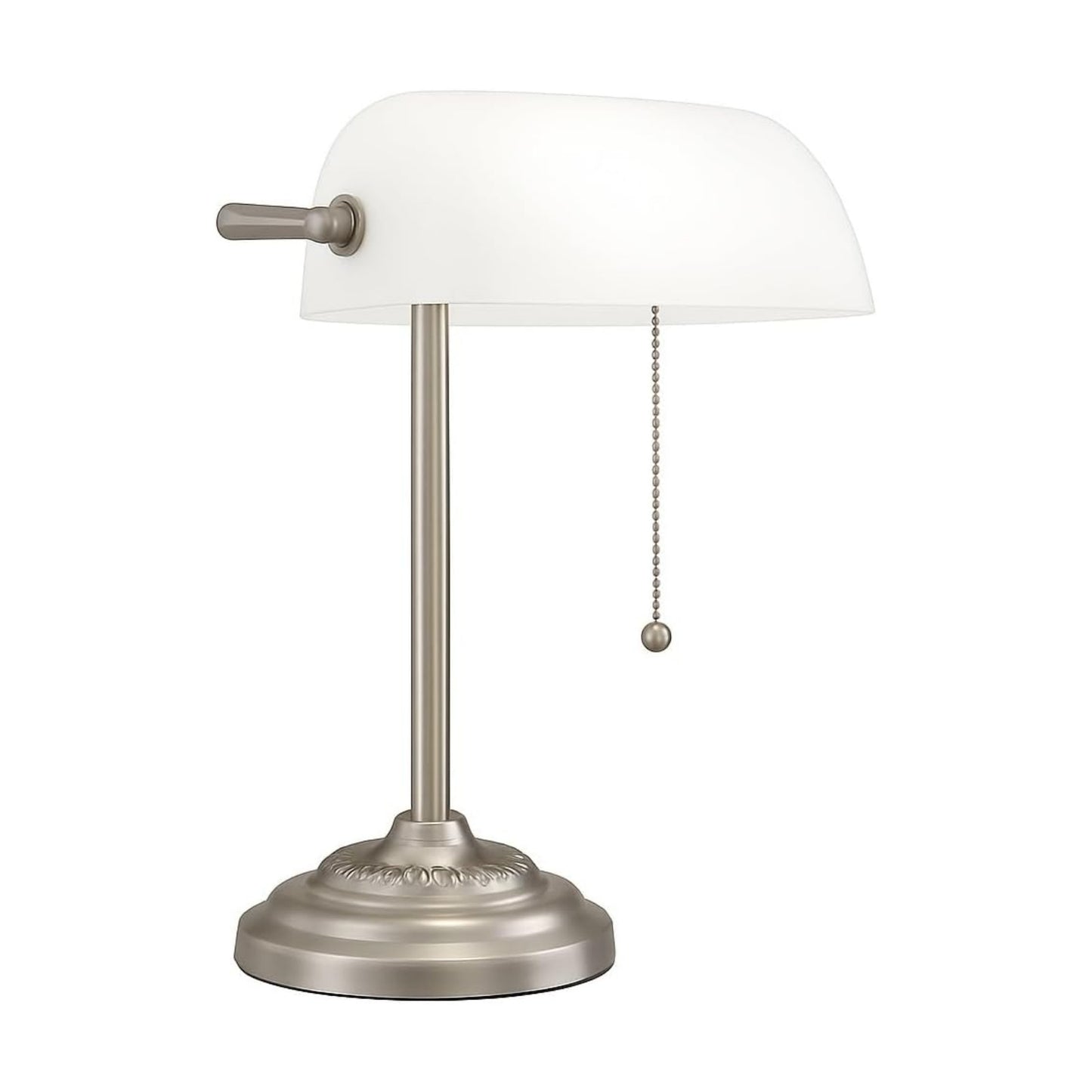 LIGHTACCENTS Bankers Desk Lamp with White Glass Shade, Nickel Finish - Traditional Desk Light for Home Office, Reading