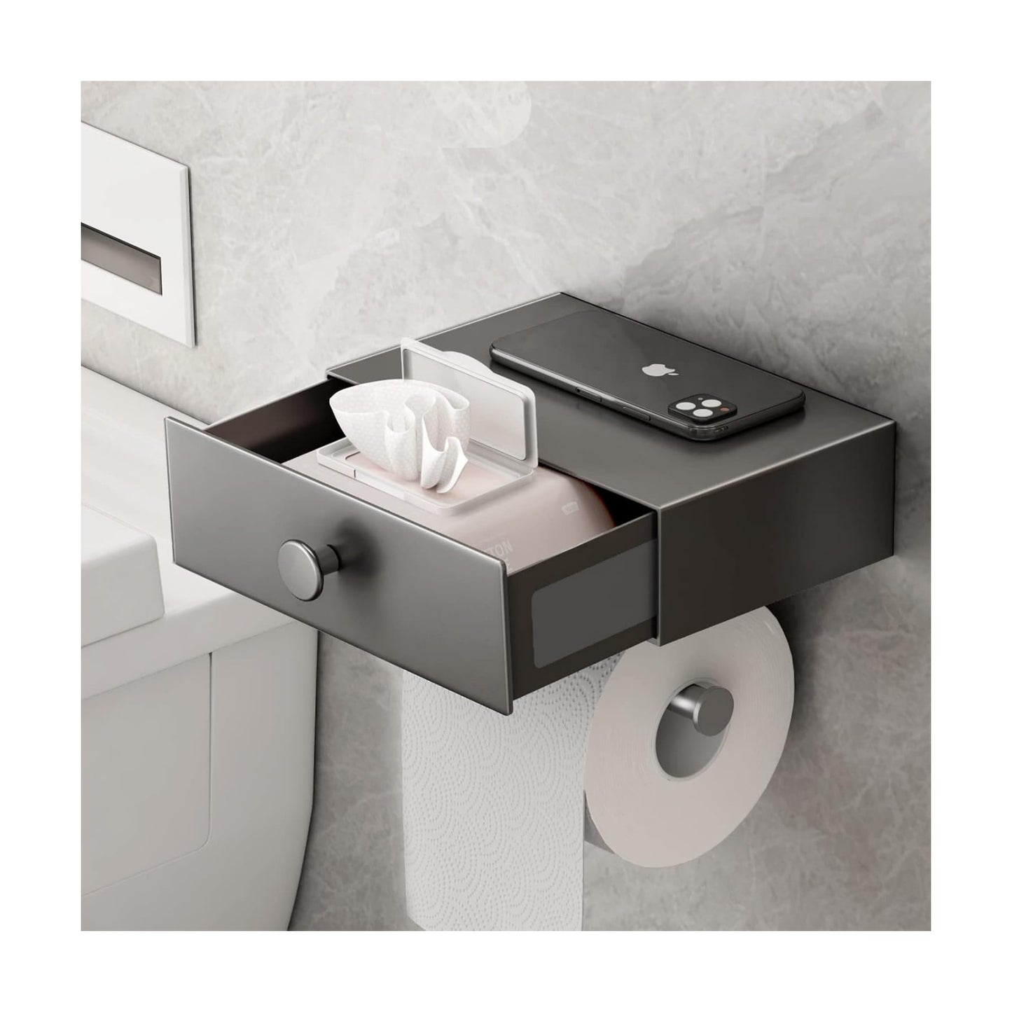 VOLDRA Toilet Paper Holder with Shelf Gray Wipes Dispenser for Bathroom Toilet Paper Holder with Storage Upgrade Drawer