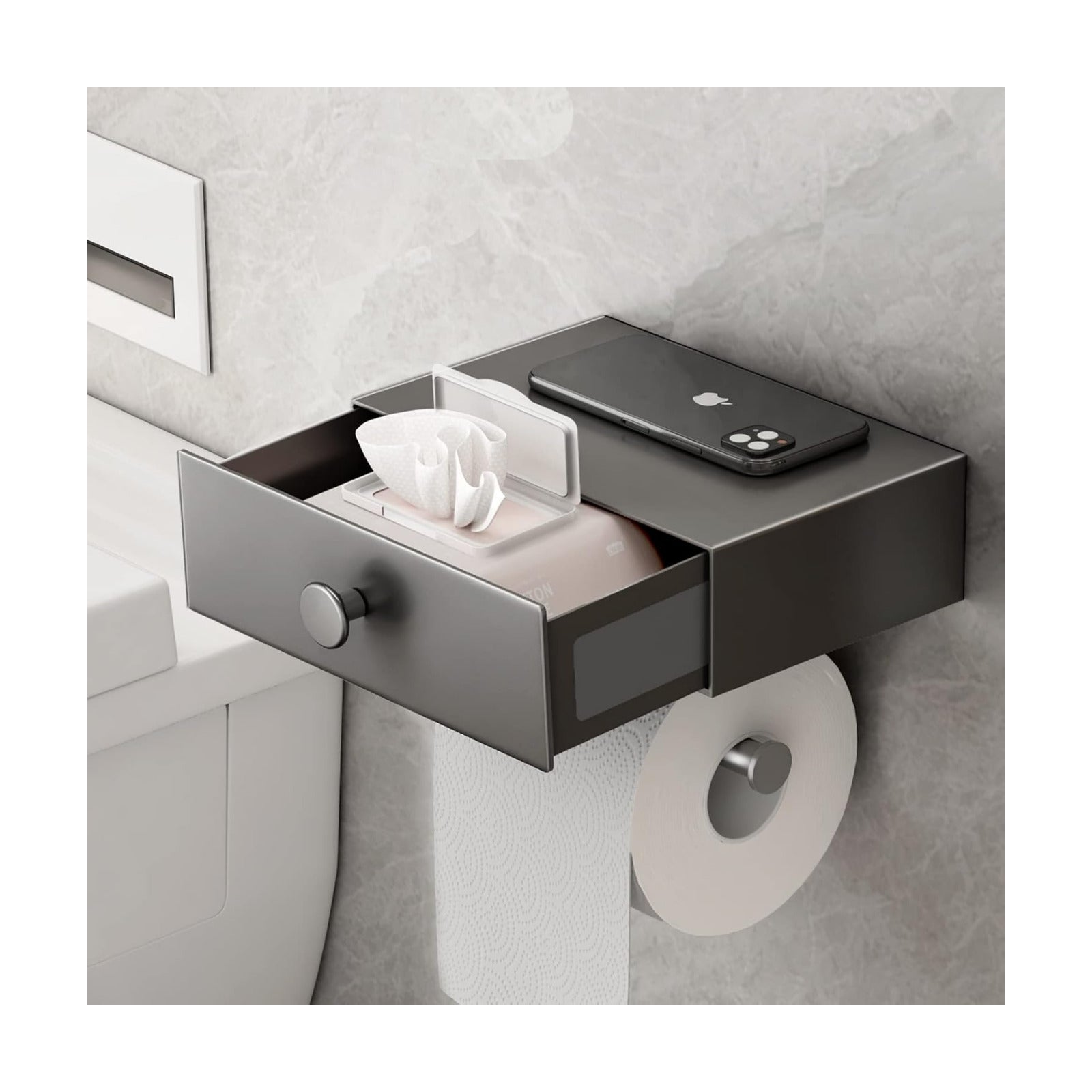 VOLDRA Toilet Paper Holder with Shelf Gray Wipes Dispenser for Bathroom Toilet Paper Holder with Storage Upgrade Drawer