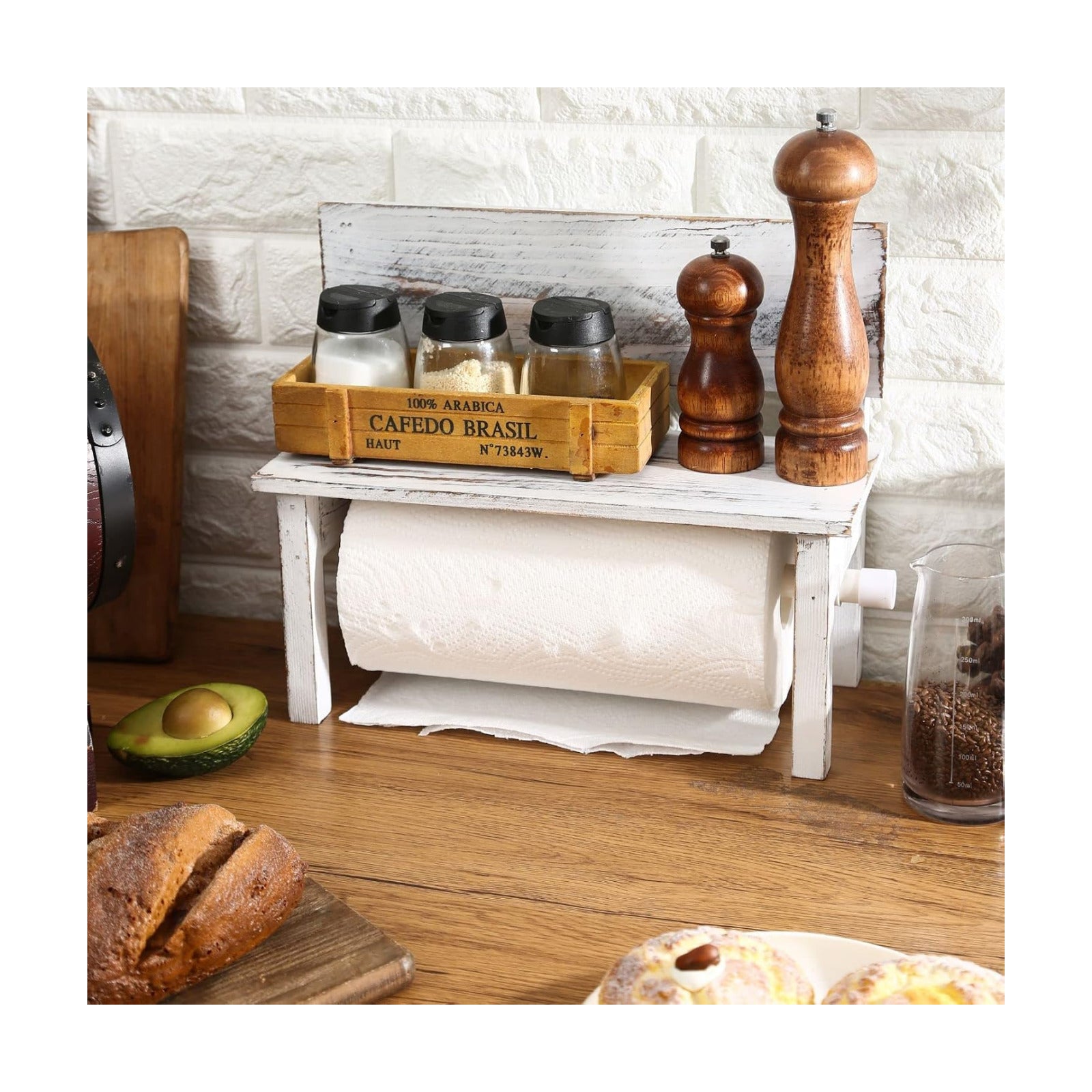 Farmhouse Paper Towel Holder for Kitchen Countertop with Shelf,Rustic Decorative Bench Paper Towel Dispenser