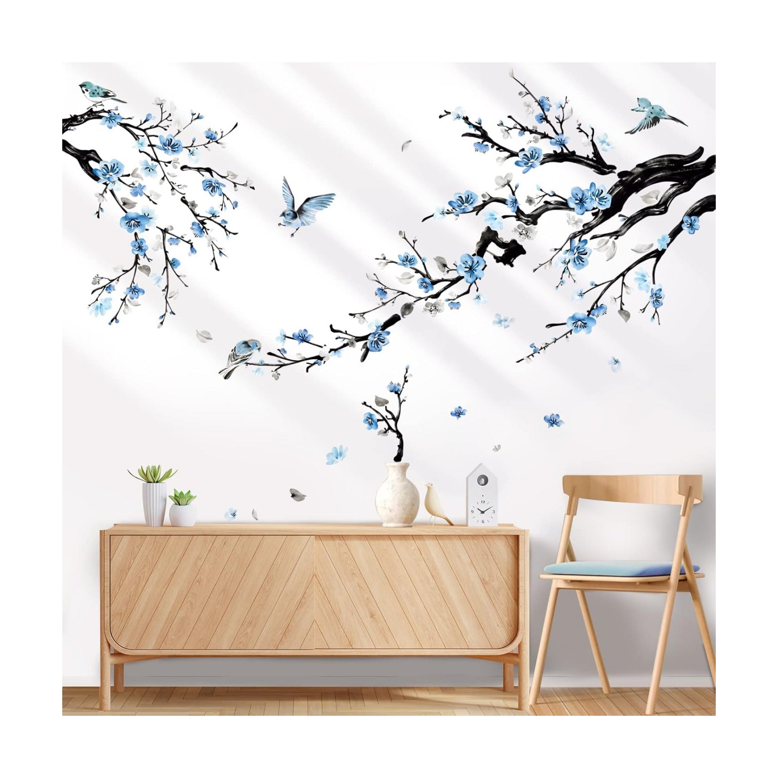Watercolor Flower Tree Branch Wall Stickers Blossom Floral Birds Peel and Stick Wall Art / B / Blue