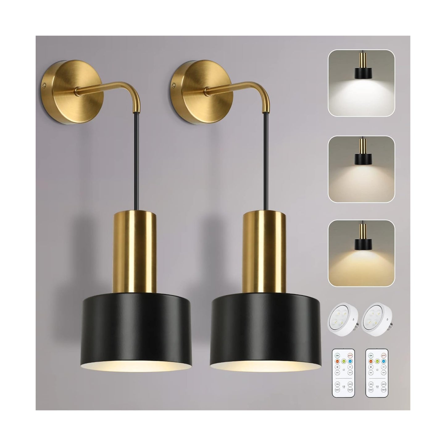 VerRon Battery Operated Wall Sconces Set of 2 with Remote and LED Bulbs | Black and Gold Wireless Wall Lamp Indoor
