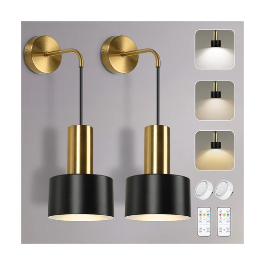 VerRon Battery Operated Wall Sconces Set of 2 with Remote and LED Bulbs | Black and Gold Wireless Wall Lamp Indoor