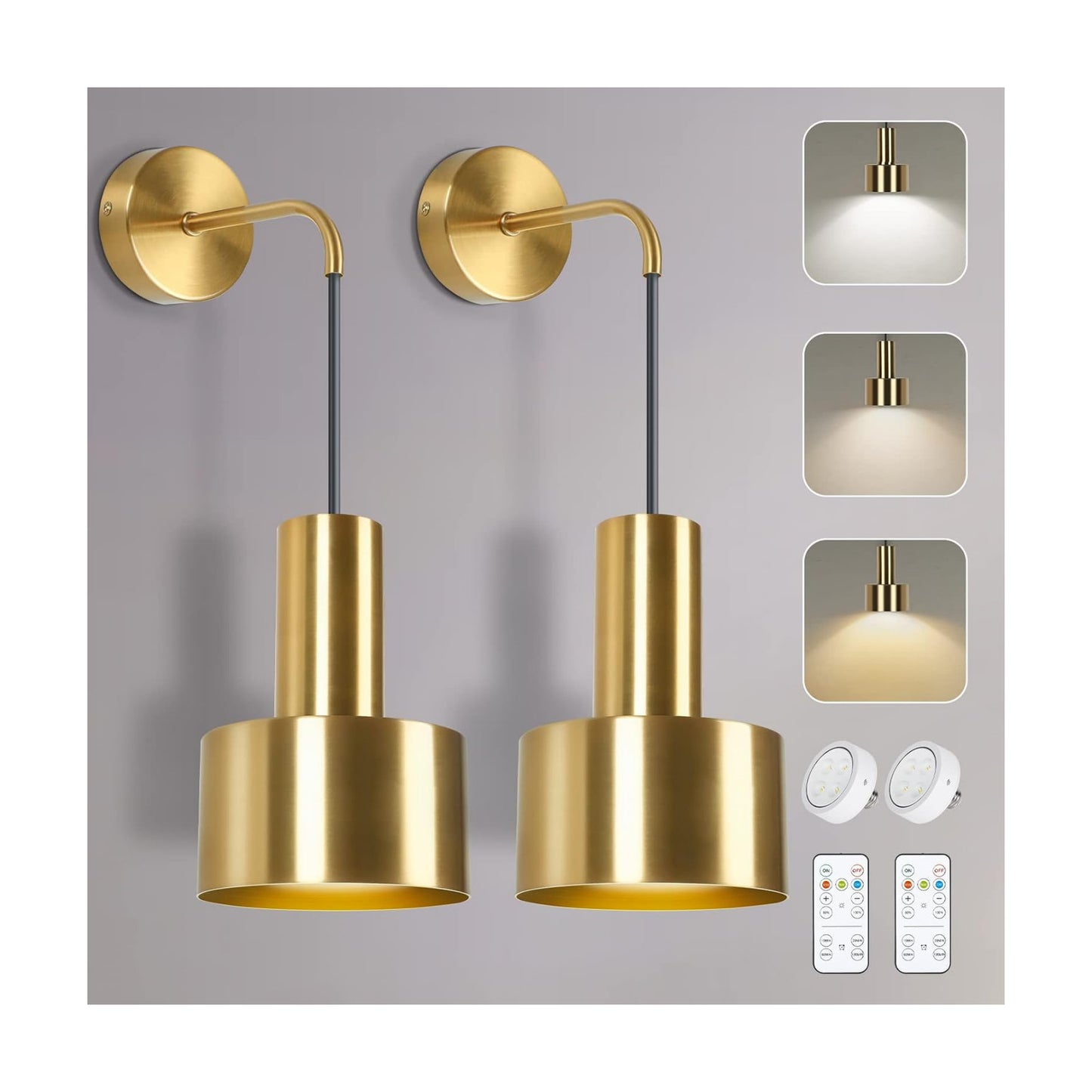 Gold Wireless Battery Operated Wall Sconces Set of 2 with Remote Control | Dimmable Wall Lamp with 3000K-6000K