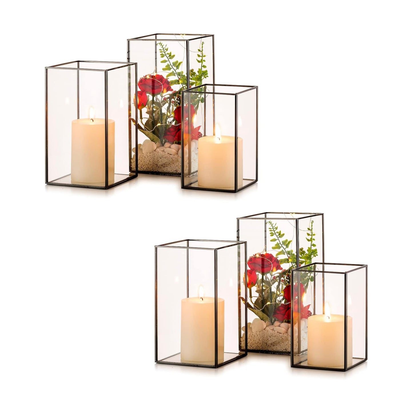Nuptio Glass Candle Holders Hurricane Holder for Pillar Candles 6 Pcs Black Metal Candle Holders Large Rectangular