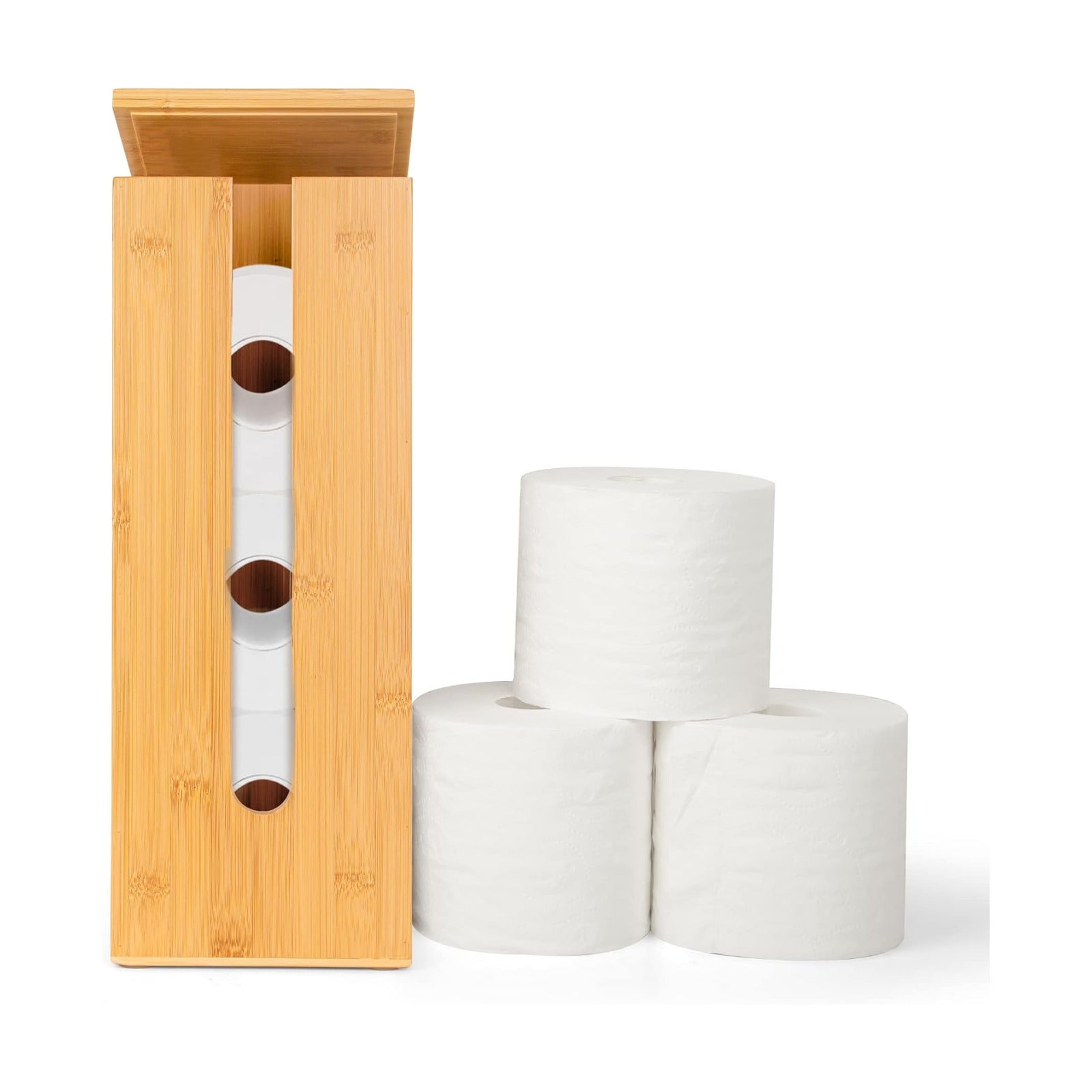 GOBAM Bamboo Toilet Paper Storage - Fits 3 Mega Toilet Paper, Bathroom Organizer, Toilet Paper Holder Stand, Bamboo