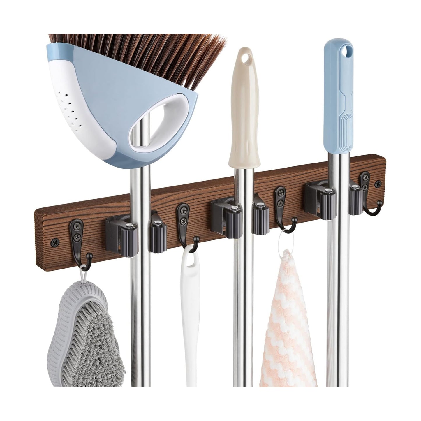 OUTNILI Mop Broom Holder Wall Mount with 3 Slots & 4 Hooks - Wood Broom Mop Hanger for Pantry Kitchen Organization