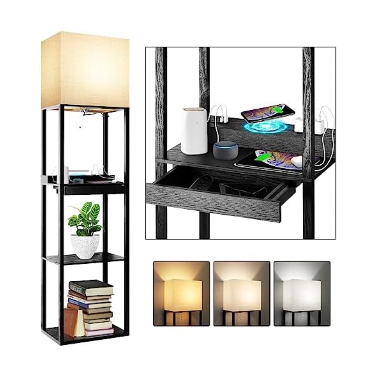 RUNTOP Plus Charging Station Floor Lamp with Wireless Charger, 2 USB-C Port, 2 Power Outlet, Floor Lamp with Shelves