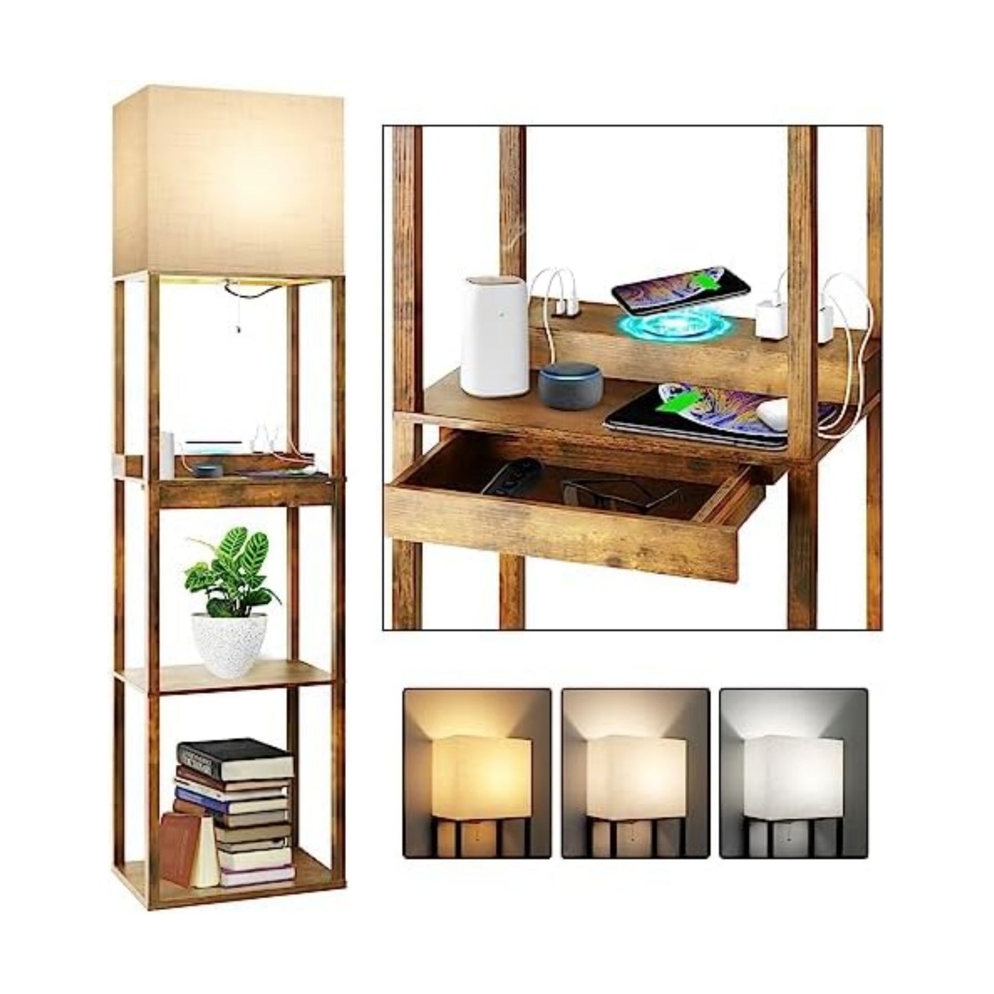 RUNTOP Floor Lamp with Shelves, Plus Shelf Lamp with Wireless Charger, 2 USB Port and Outlet, 1 Drawer, 15W LED Bulb, 3