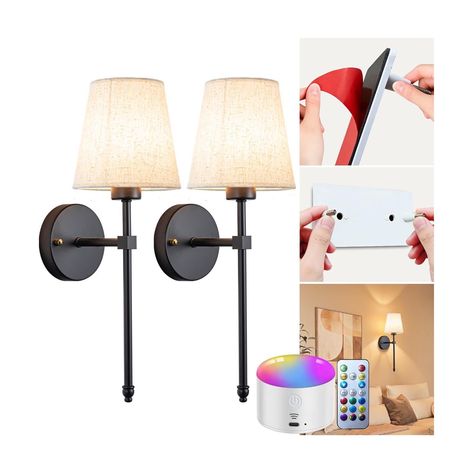 Battery Operated Wall Sconce Set Of Two with Remote Control, Indoor Not Hardwired Dimmable Battery Operated Wall Sconce